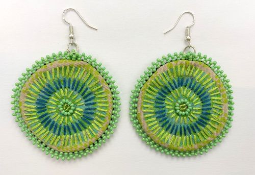 Hand screen earrings with glass beads, hand embroidered
