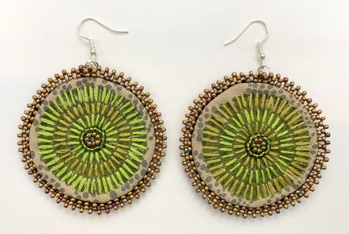 Hand screen earrings with glass beads, hand embroidered