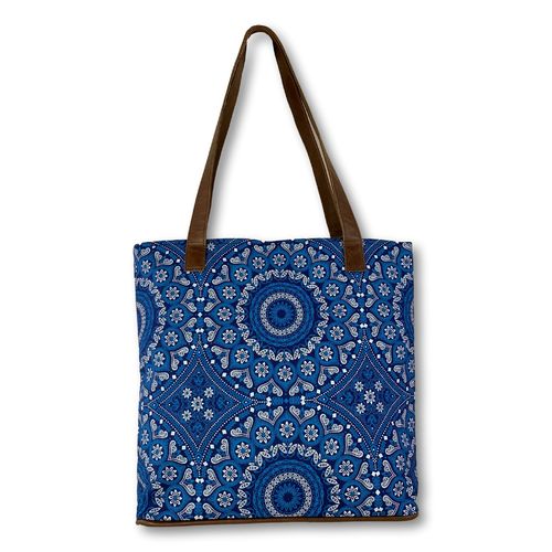 Shweshwe-shopper with hand creenprinted cotton and leather straps03